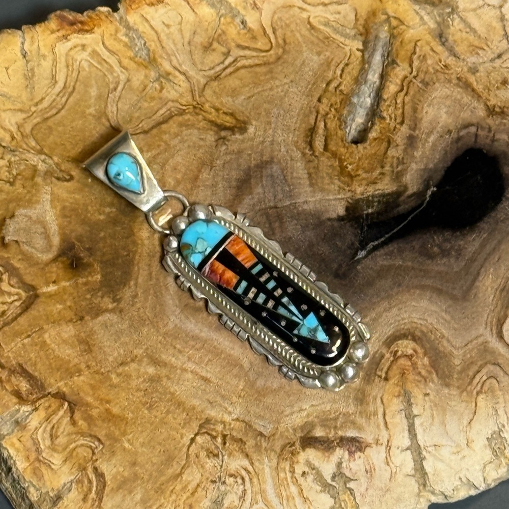 NWT Ray Jack Navajo Made Inlay Pendant Sterling Silver